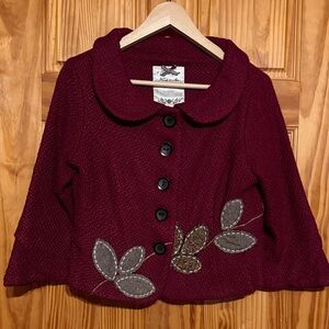 Nick and Mo Maroon Tweed Wool Blend Short Jacket with Leaf Embroidery
